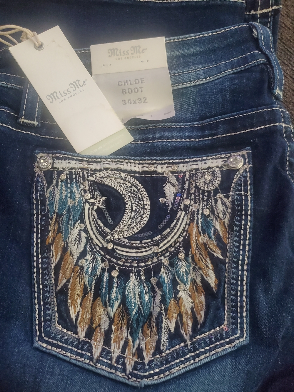 Miss Me Chloe Boot Cut Jeans with Blue, Teal and Tan Embroidered Pocket